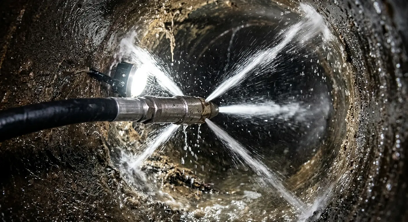 High-pressure hydro jetting nozzle cleaning sewer pipe for Sewer Cleanout in Hornell