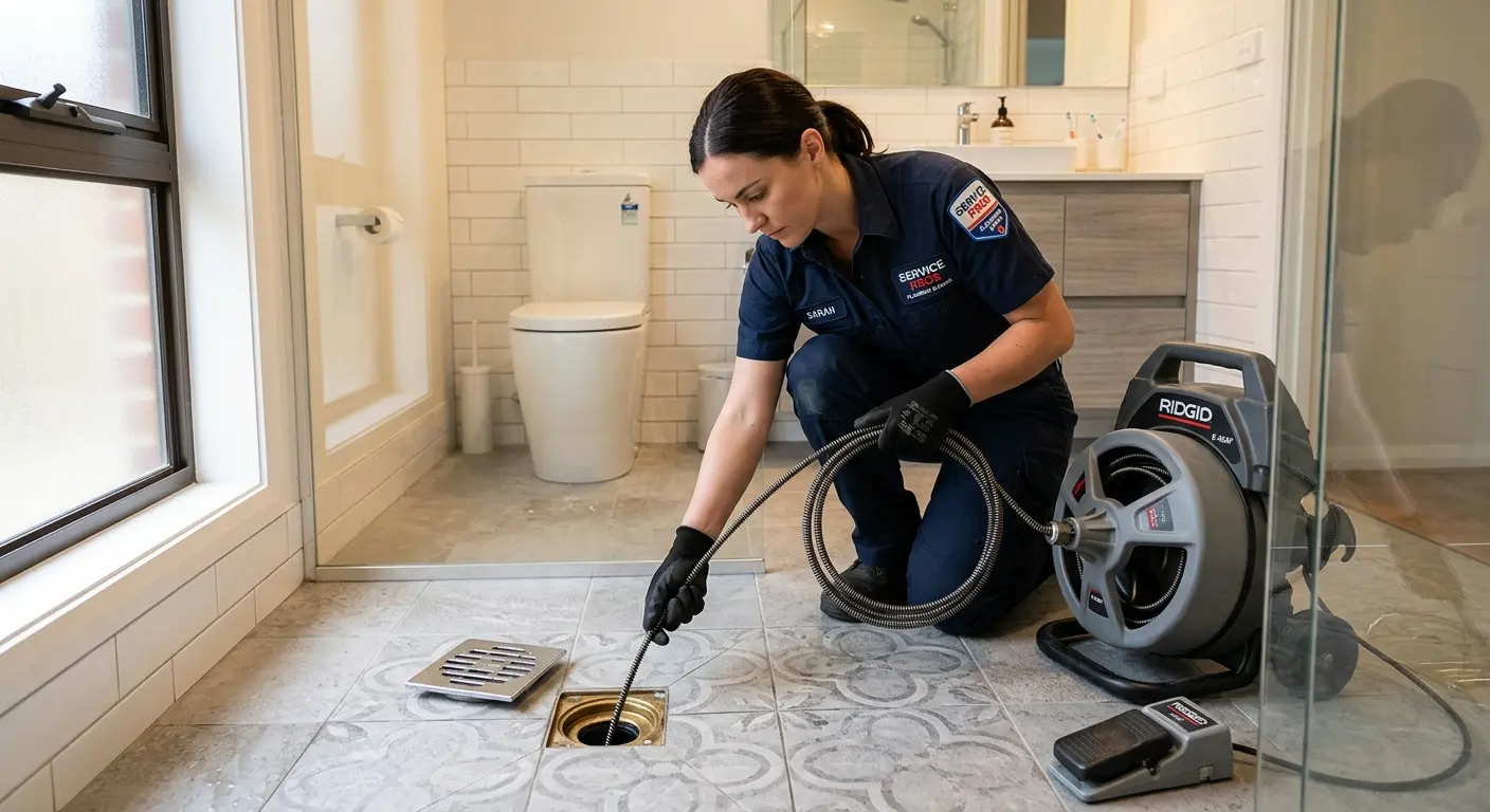Technician clearing a bathroom floor drain for Clogged Drain Repair in Hornell
